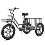 ELEKGO 20 Zoll Elektro-Dreirad, Fettreifen + hinterer Gepäckkorb und Scheinwerfer,Lastenfahrrad, 48V 18AH abnehmbare Batterie...